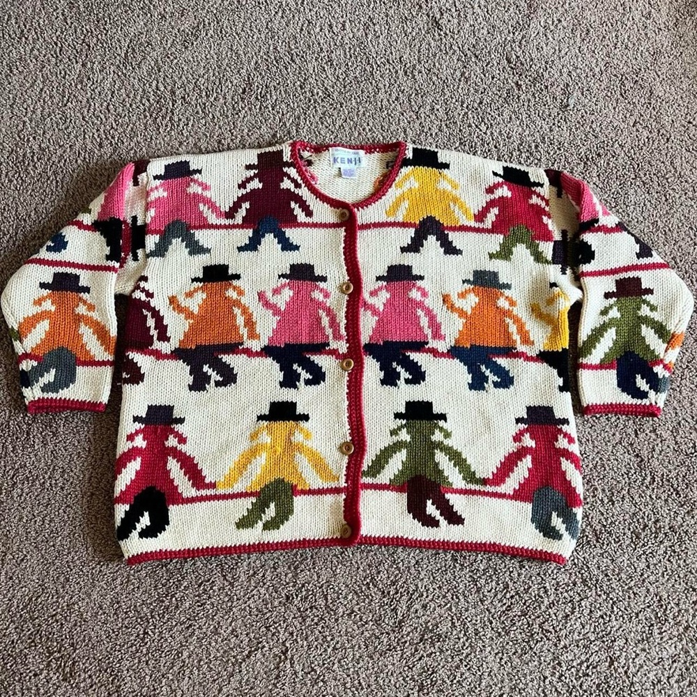Vintage 90s Multi Colored 100% Wool Handknit Button Down Cardigan Sweater